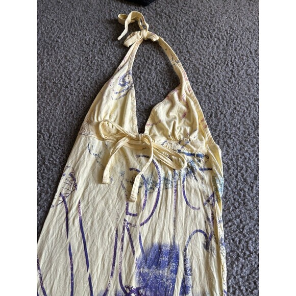 Graffiti Floral Yellow Women’s Halter Maxi Dress By Banana Split USA Sz SMALL - Picture 3 of 5